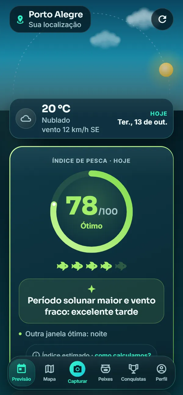 Tela de previsão do app: nota 78 de 100, ótimo para pescar hoje em Porto Alegre, com o motivo da nota